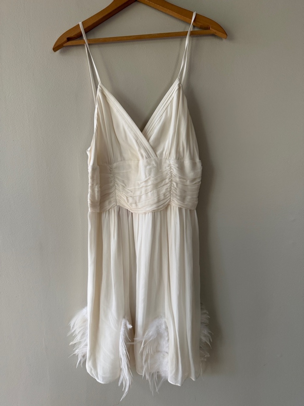 Ivory Feather-Trim Donna Summer Dress with Ruched Bodice